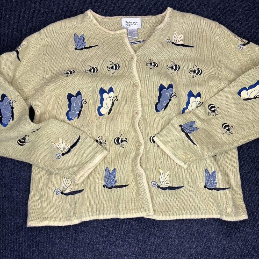 Christopher & Banks Sweater Womens Large Yellow Bee Butterfly Dragonfly Cardigan